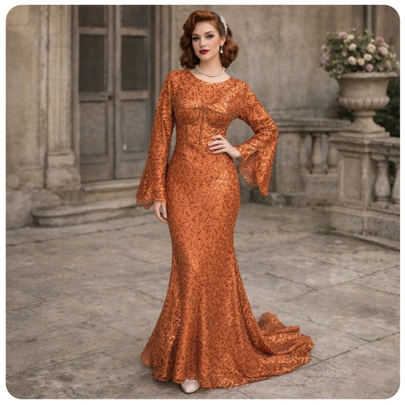Vintage Dresses & Skirts - Vintage Orange Sequin Gown